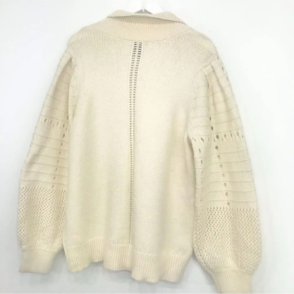Design 365 Cream Cozy Puff Sleeve Collared Pullover Thick Knit Sweater